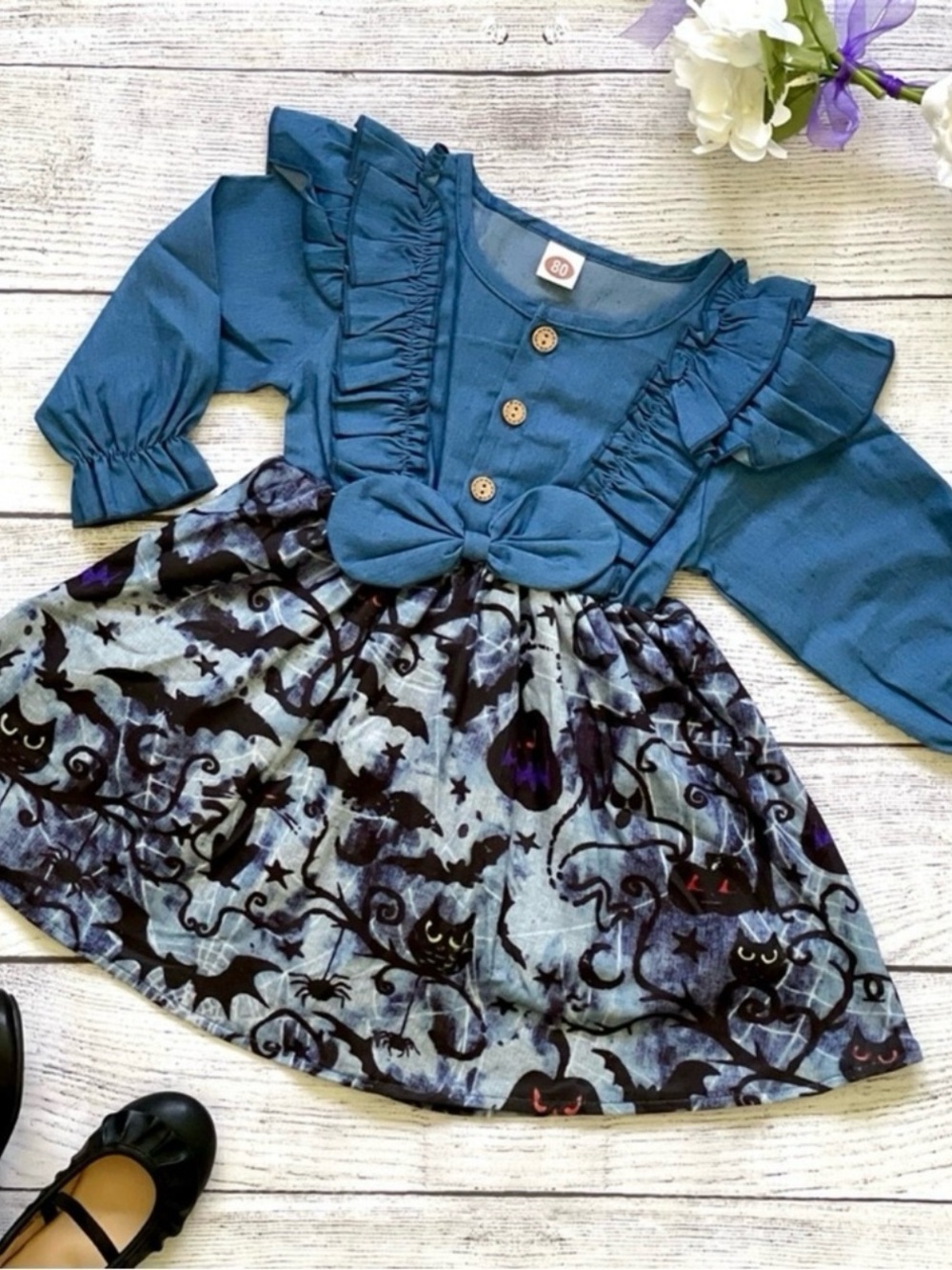 Toddler Girls Bowknot Denim Dress with Halloween Themed Skirt Print, Size 12-18m